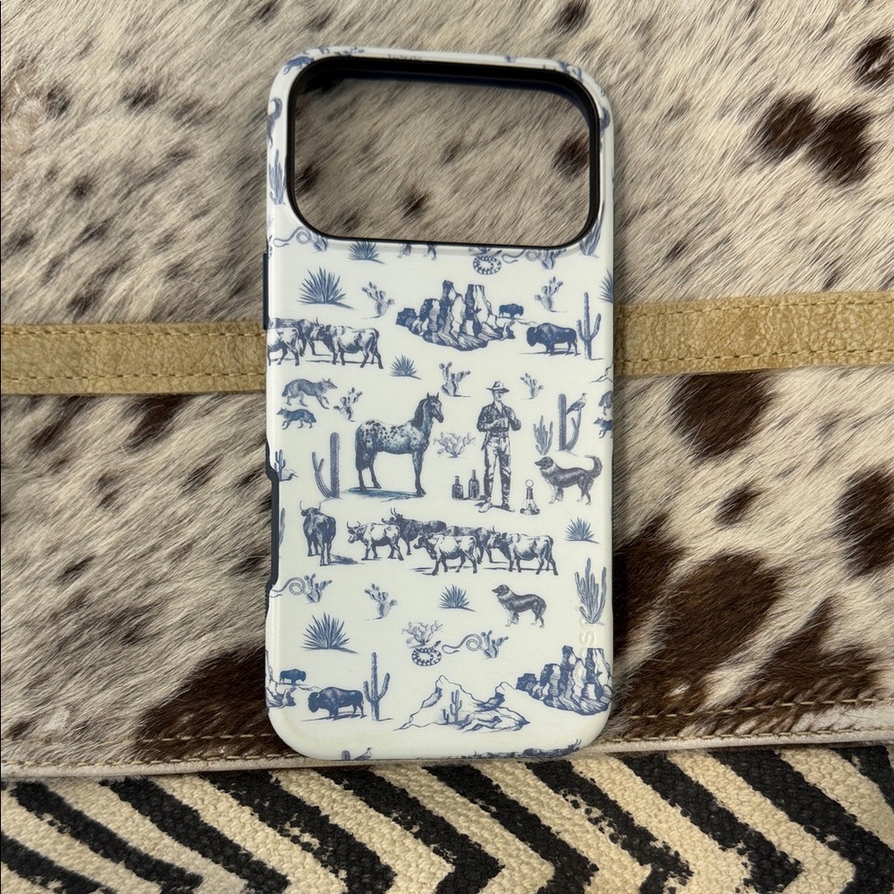 Blue and White Western-Themed Phone Case